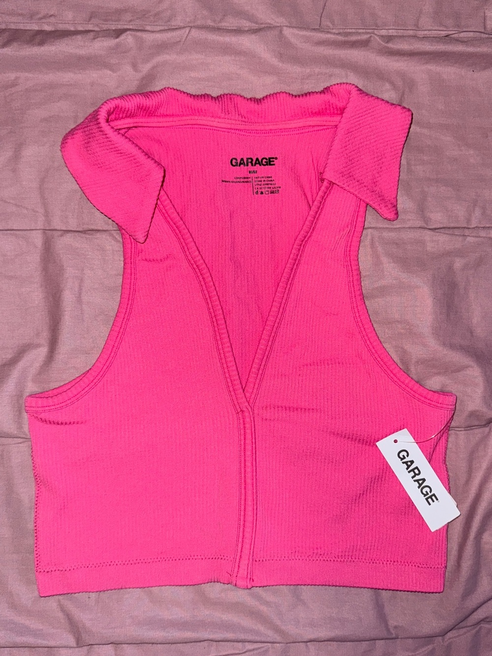 Garage Neon Pink Ribbed Collared Crop Top